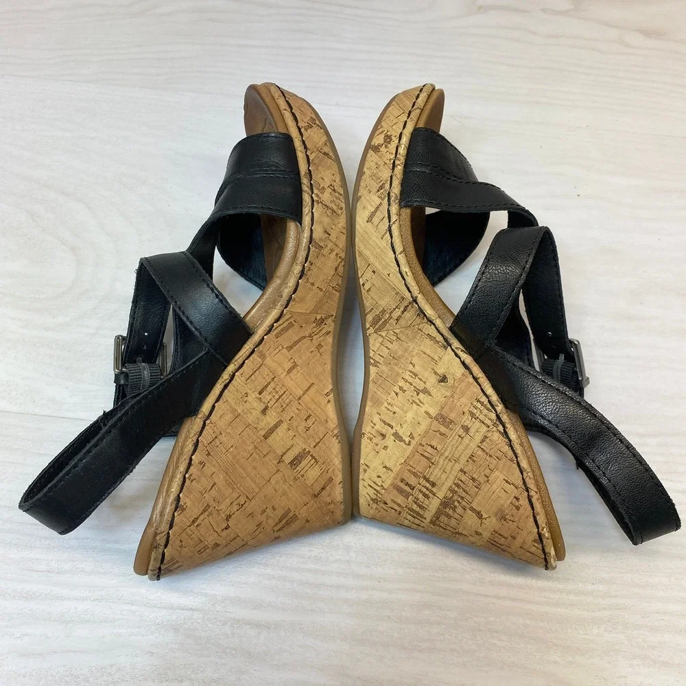 B.O.C. Womens 7M Wedge Sandals Strappy Cork Black Z13703 Boho Comfort